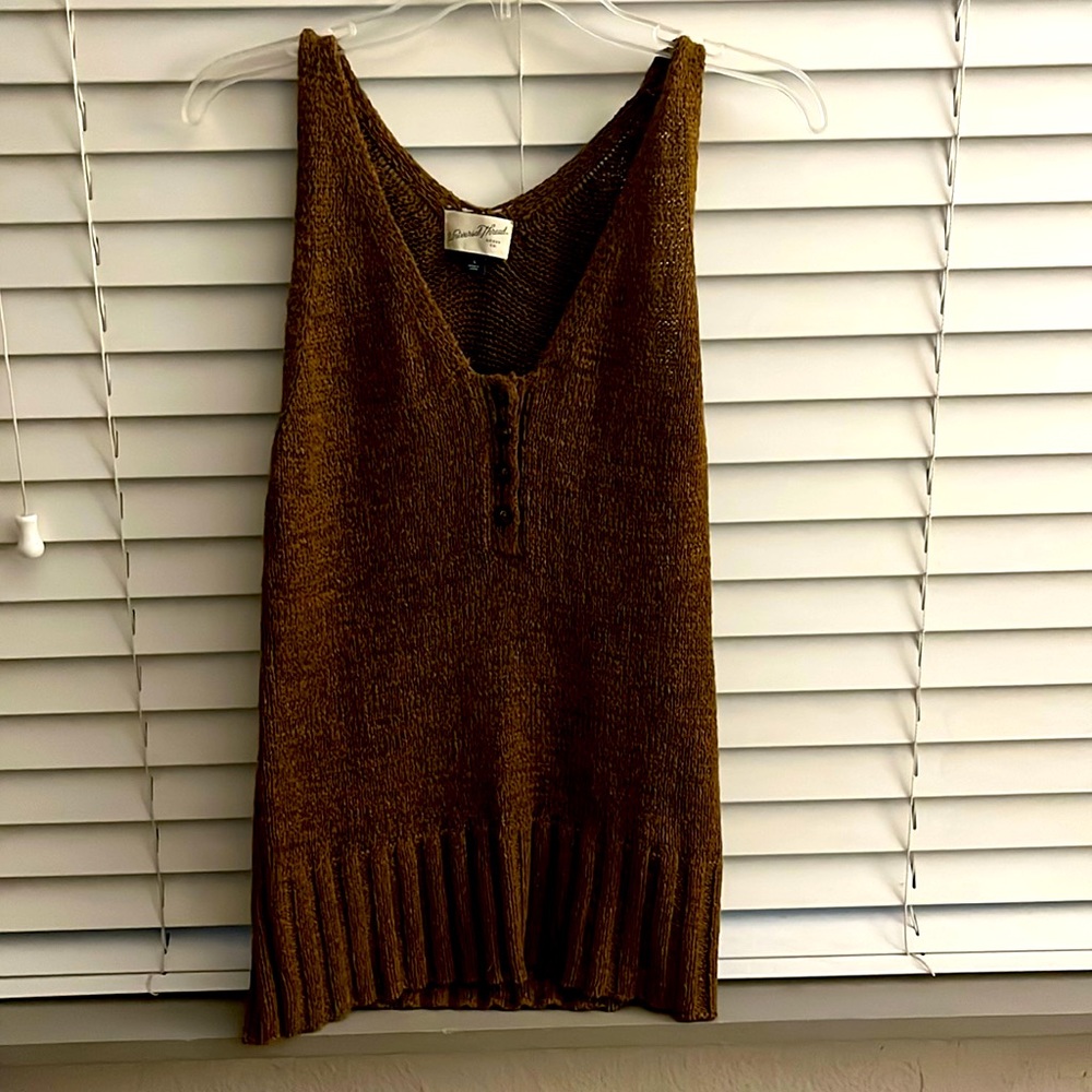 Universal thread sweater tank; mustard brown color